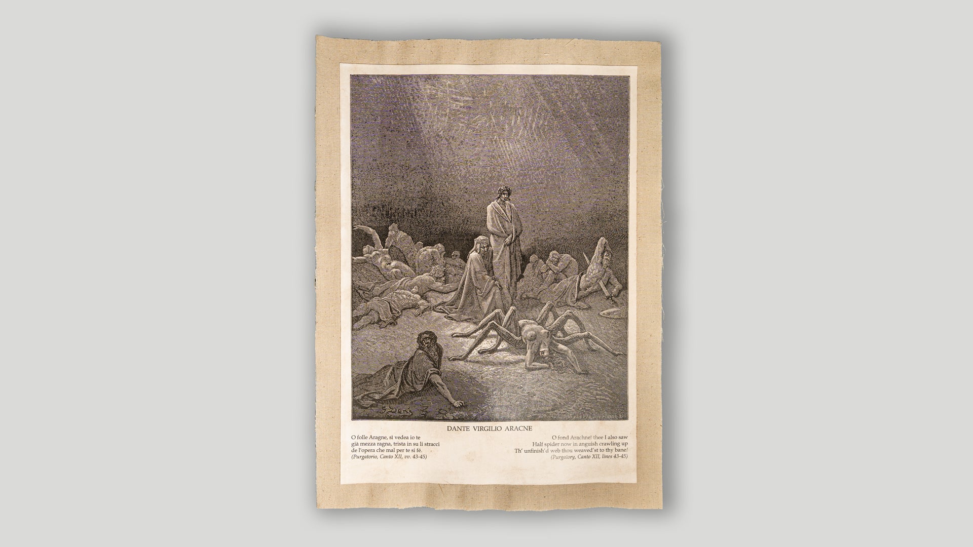Dante, Virgilio e Aracne – Incisione di Gustave Doré (Purgatorio, Canto XII, vv. 43-45)