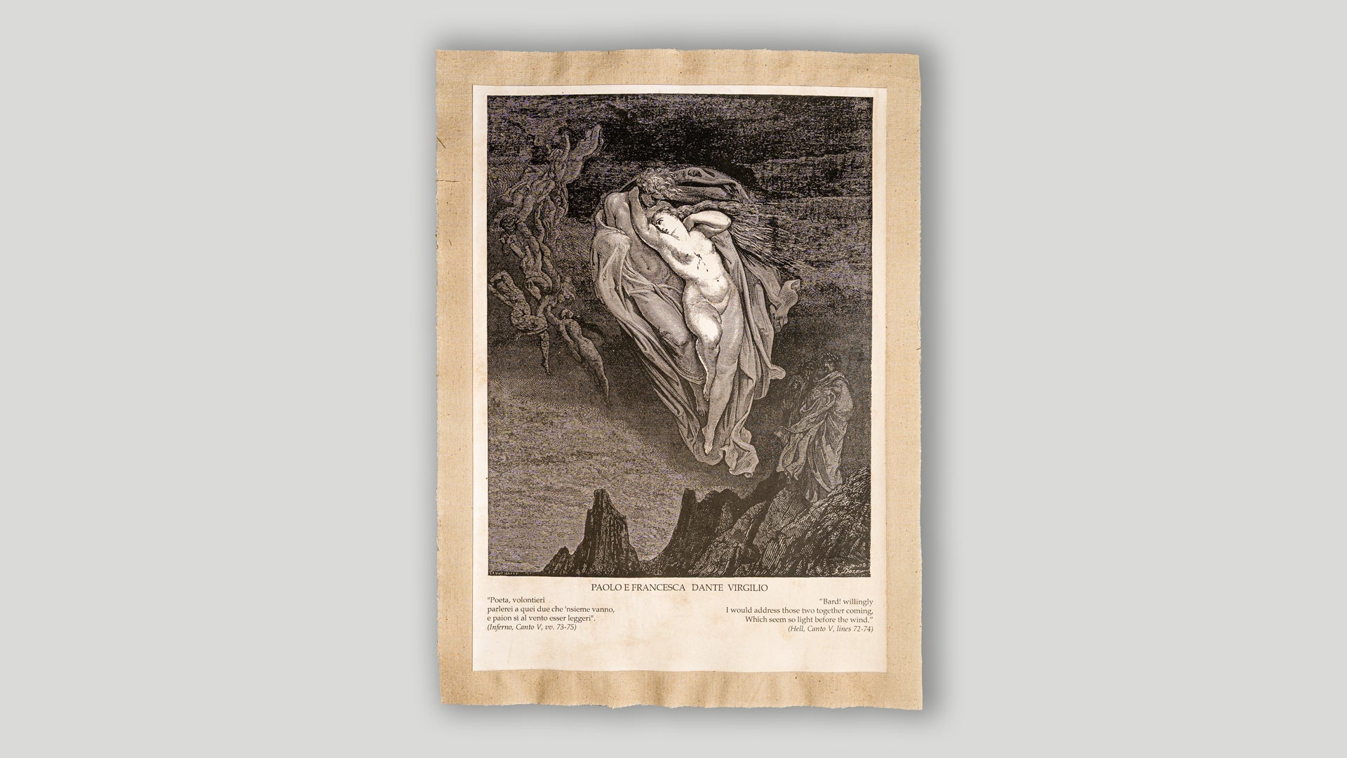 Paolo e Francesca, Dante e Virgilio – Incisione di Gustave Doré (Inferno, Canto V, vv. 73-75)