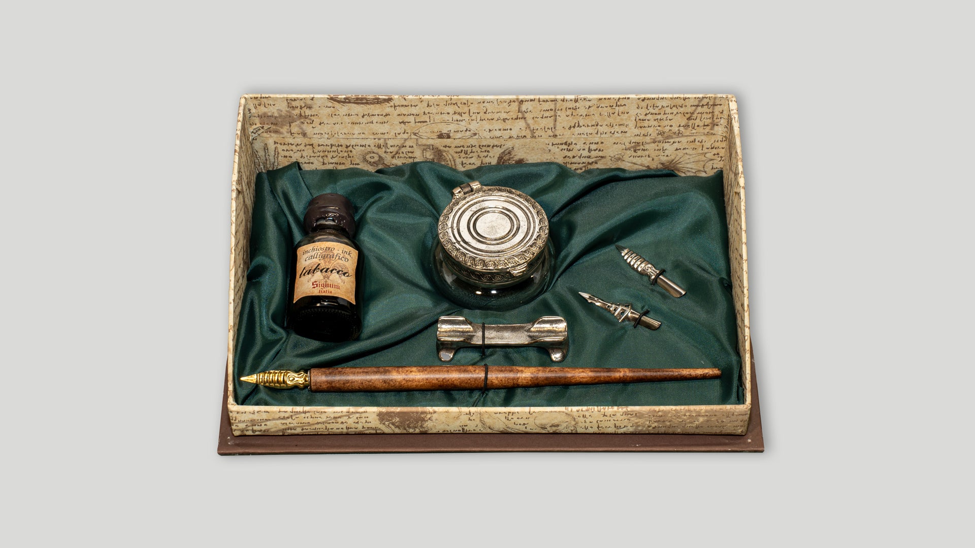 Box with quill, ink, inkwell, quill rest and two nibs